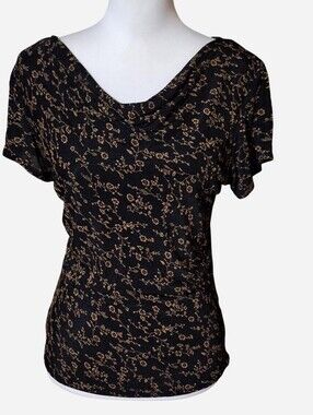 Vintage Womens M 90s Y2K Dark Romantic Floral Slinky Knit Top Cowl Neck